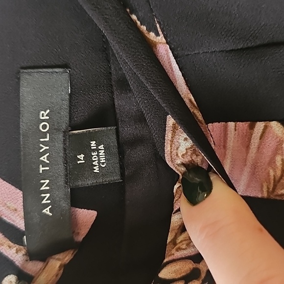 Ann Taylor Black Pink Fan Floral Pleated Side Tie Midi Skirt Sz 14 WSK147 - Picture 8 of 9